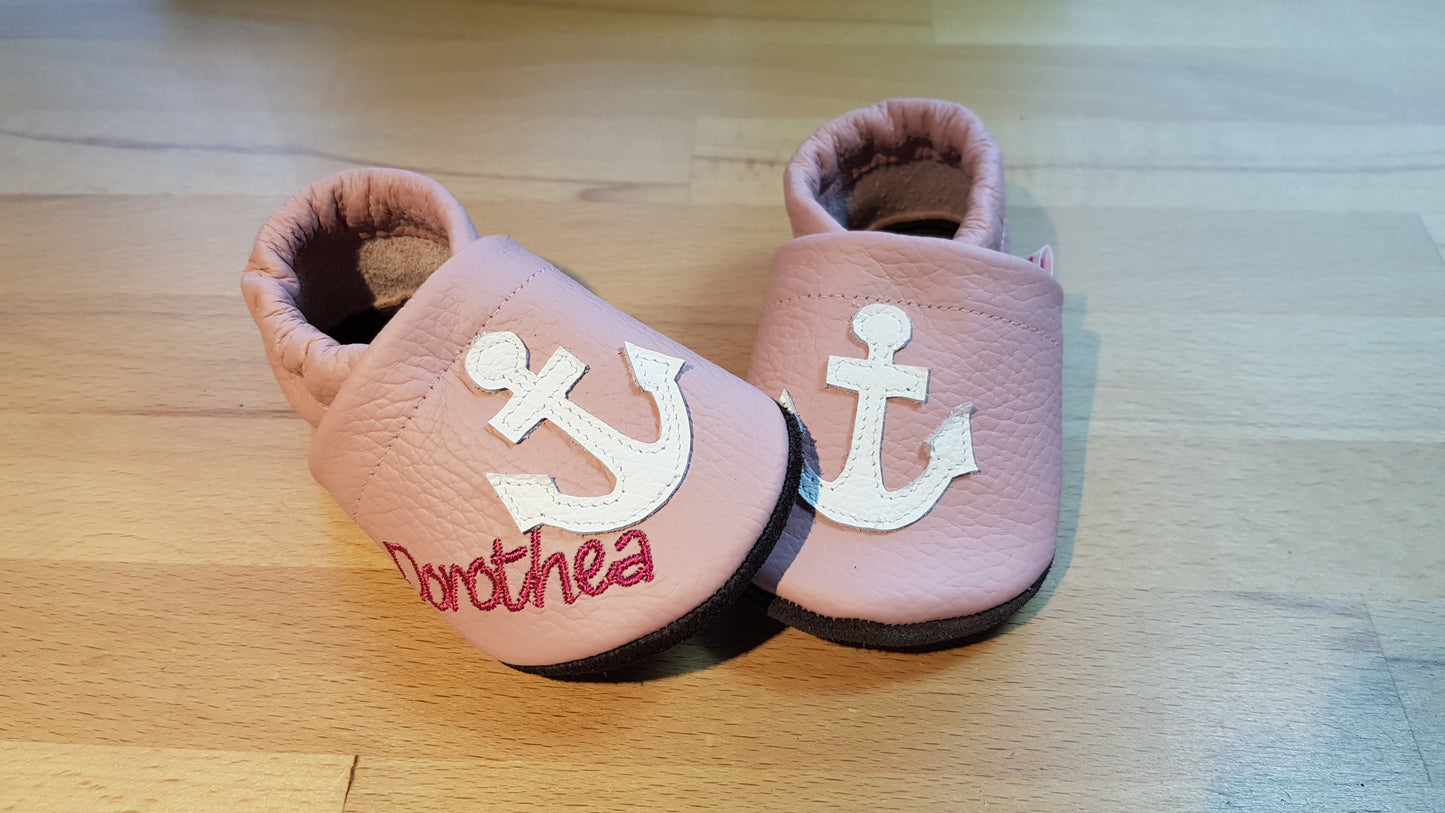Lederpuschen Anker + Name rosa