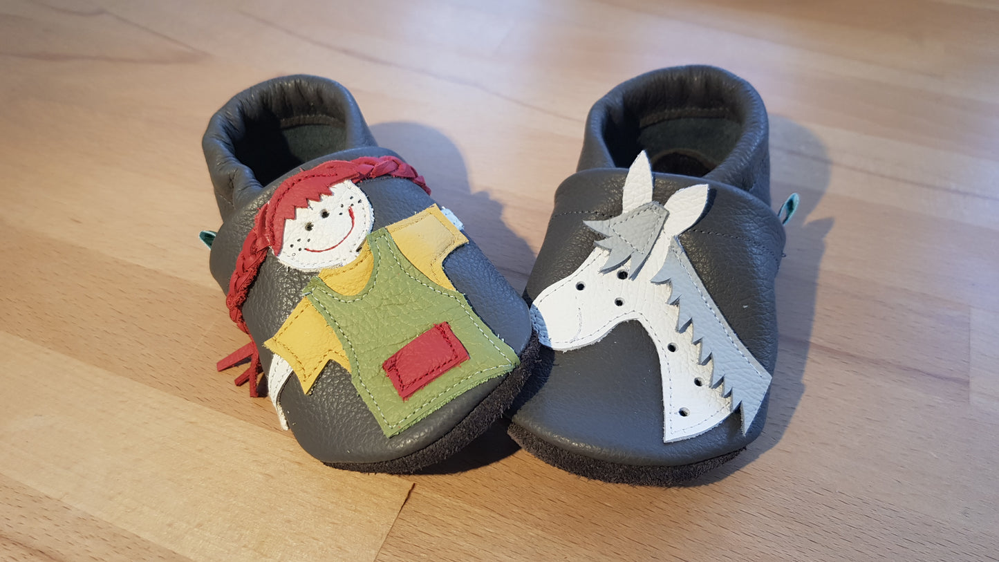 Lederpuschen Pipi türkis-gelb dunkelgrau
