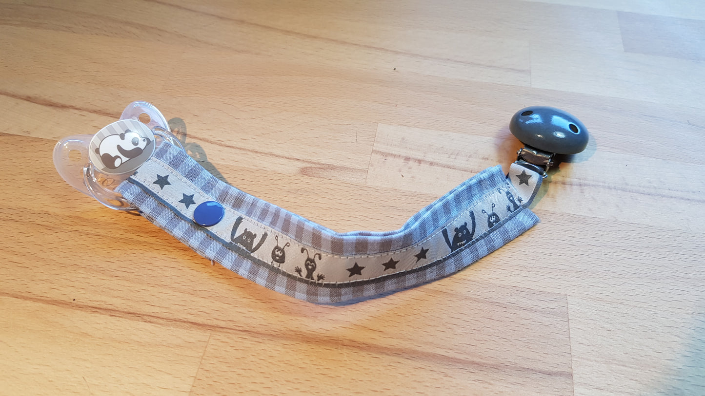 Schnullerband hellgrau-hellblau + Mönsterchen