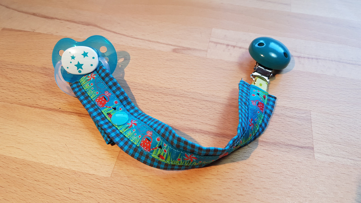 Schnullerband türkis-dunkelbraun + Gartenwebband