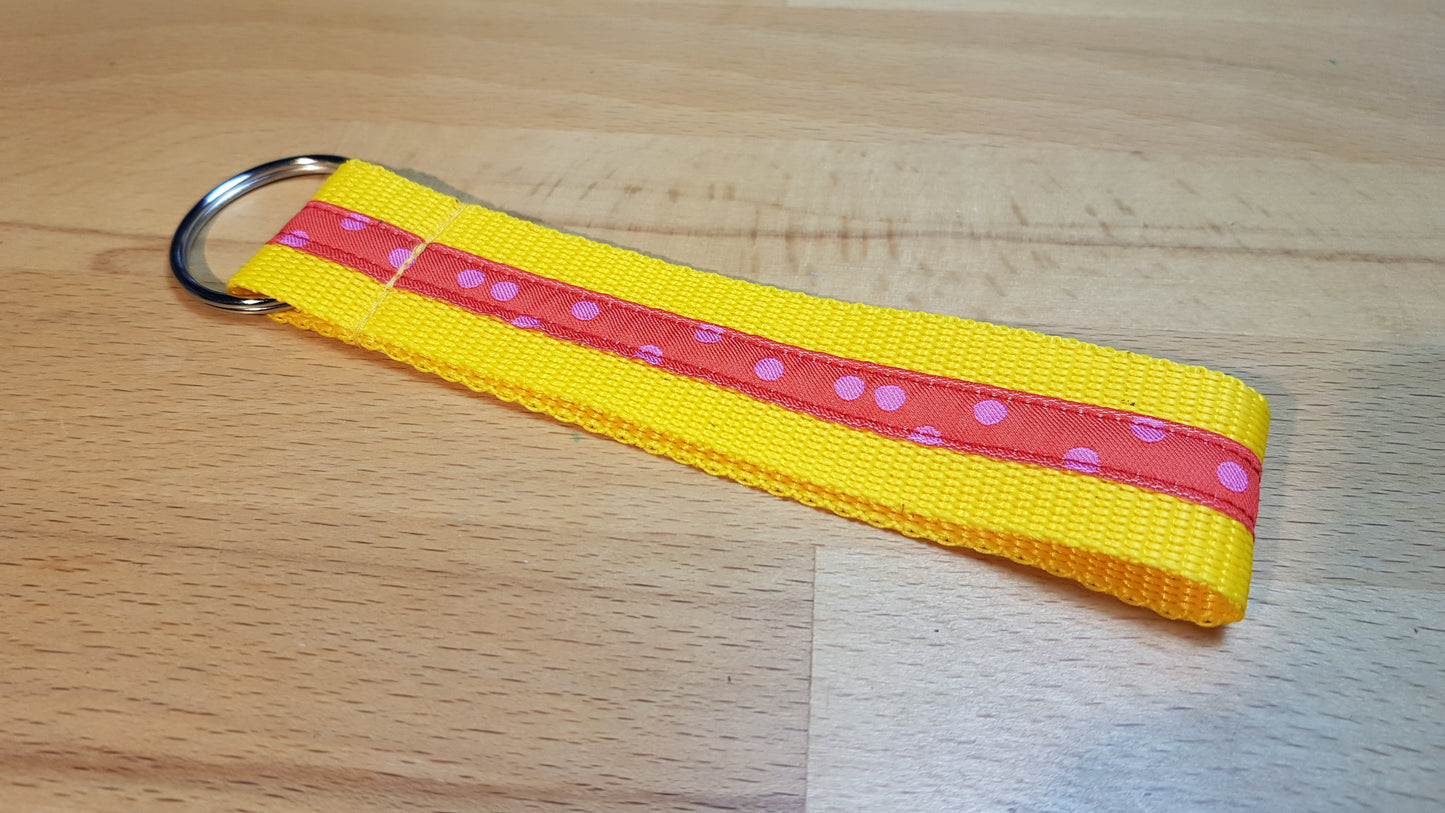 Schlüsselband Gurtband gelb mit rot-rosafarbenem Pünktchenband