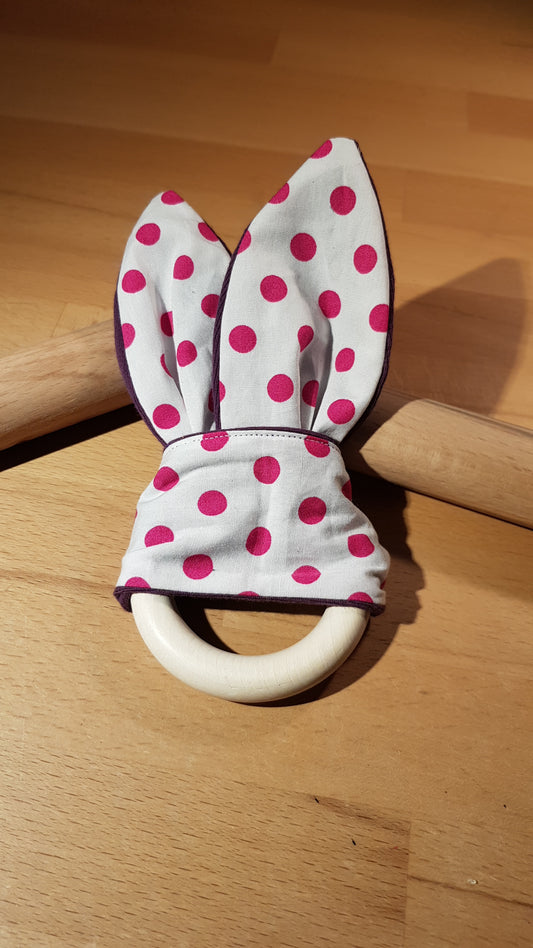 Knisterohr weiß-pinkfarbener Punktestoff + lilafarbener Sweatstoff